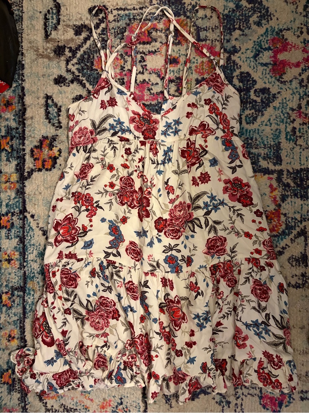 American Eagle White Floral Sundress with Red Rose Print